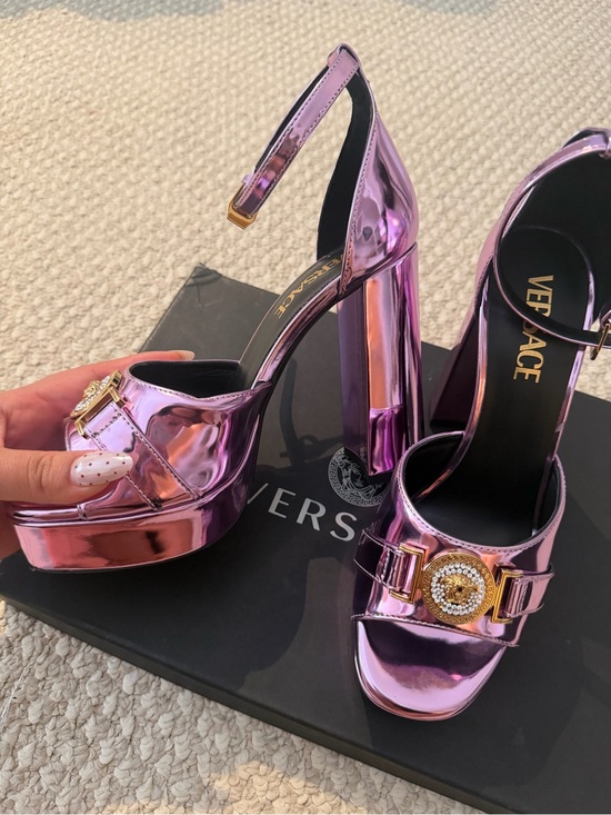Versace Shoes - Versace Metallic Pink Platform Ankle-Strap Heels with Gold Medusa Detail